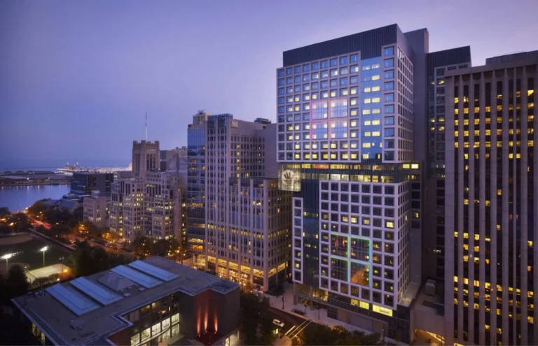 Evening shot of Lurie Children’s Hospital and some of downtown Chicago